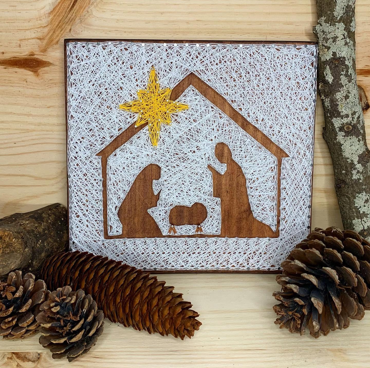 Quadro de string art Presépio de Natal com luz
